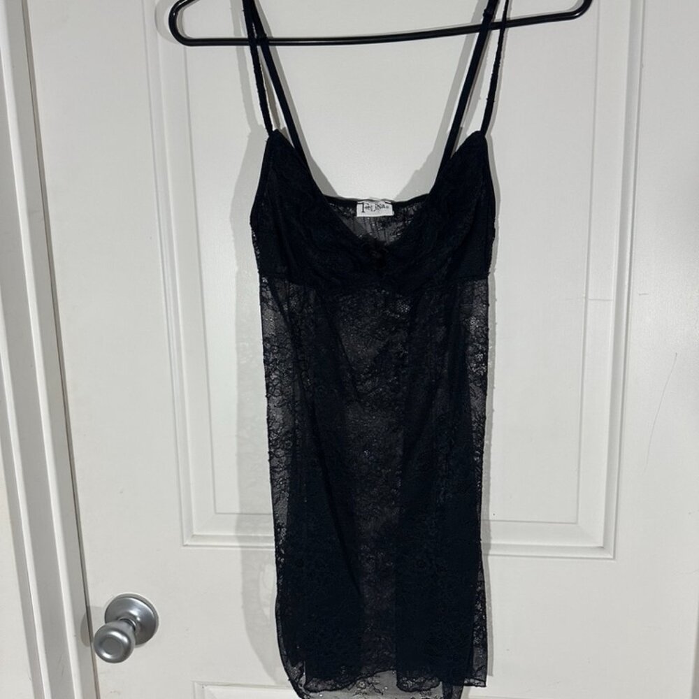 Felina Lace Nightgown Black  Extra Small Floral Polka Dot Sheer Bow Slip Nightie